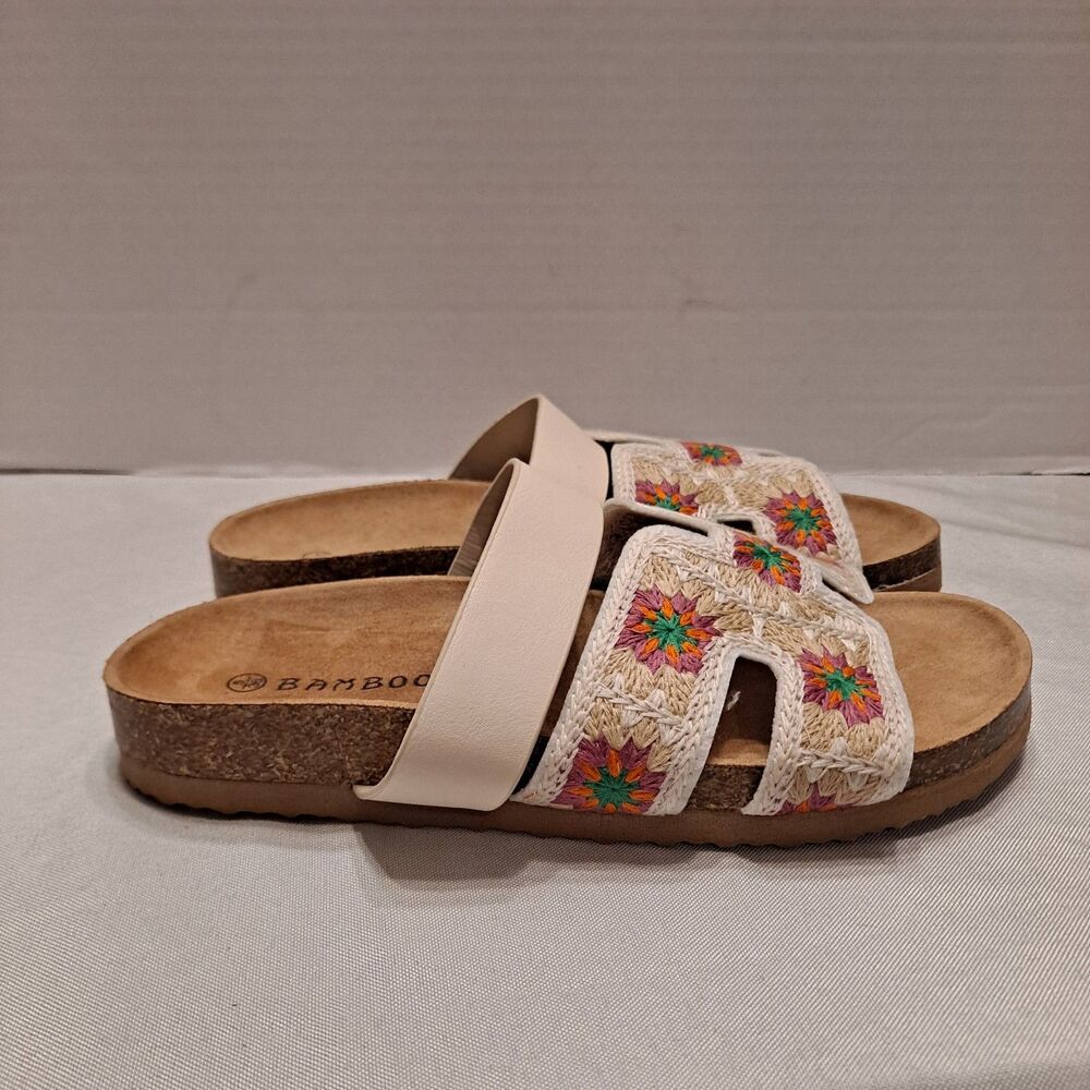 Bamboo Women's "H" Cutout Slide Sandals Size 5 Multi-color Floral Woven Cork - Picture 5 of 11
